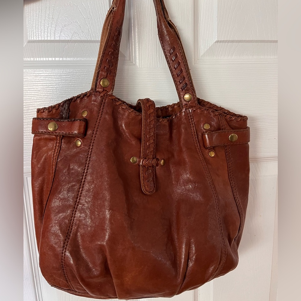 Lucky Brand Rust Brown Leather Tote with Braided Strap